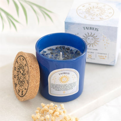Taurus Amber & Vanilla Gemstone Zodiac Candle – Grounded Energy & Spiritual Awakening