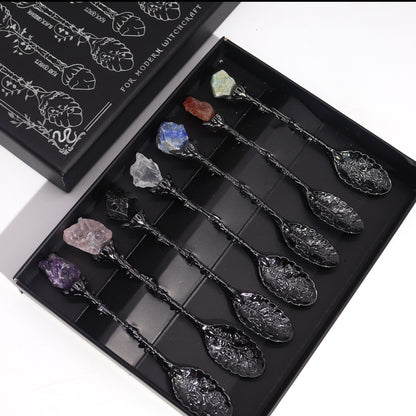 Set of 7 Gemstone Crystal Ritual Spoons - Dark Silver Finish