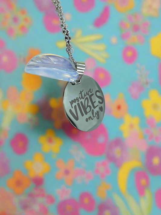 Opalite Leaf Pendant Dog Tag Necklace - “positive vibes only”