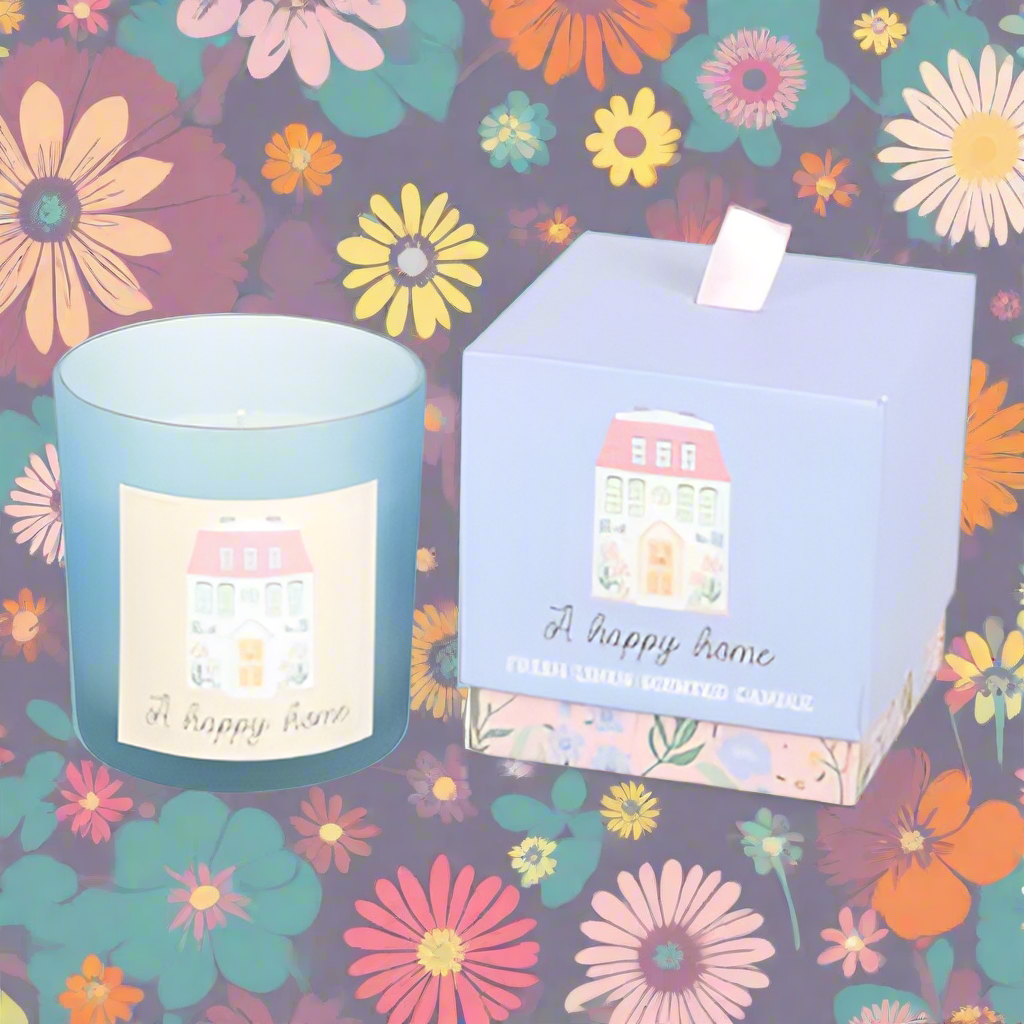 A Happy Home Candle featuring a pastel house illustration and 'A happy home' text, infused with fresh linen fragrance for a joyful ambiance, perfect for gifts.