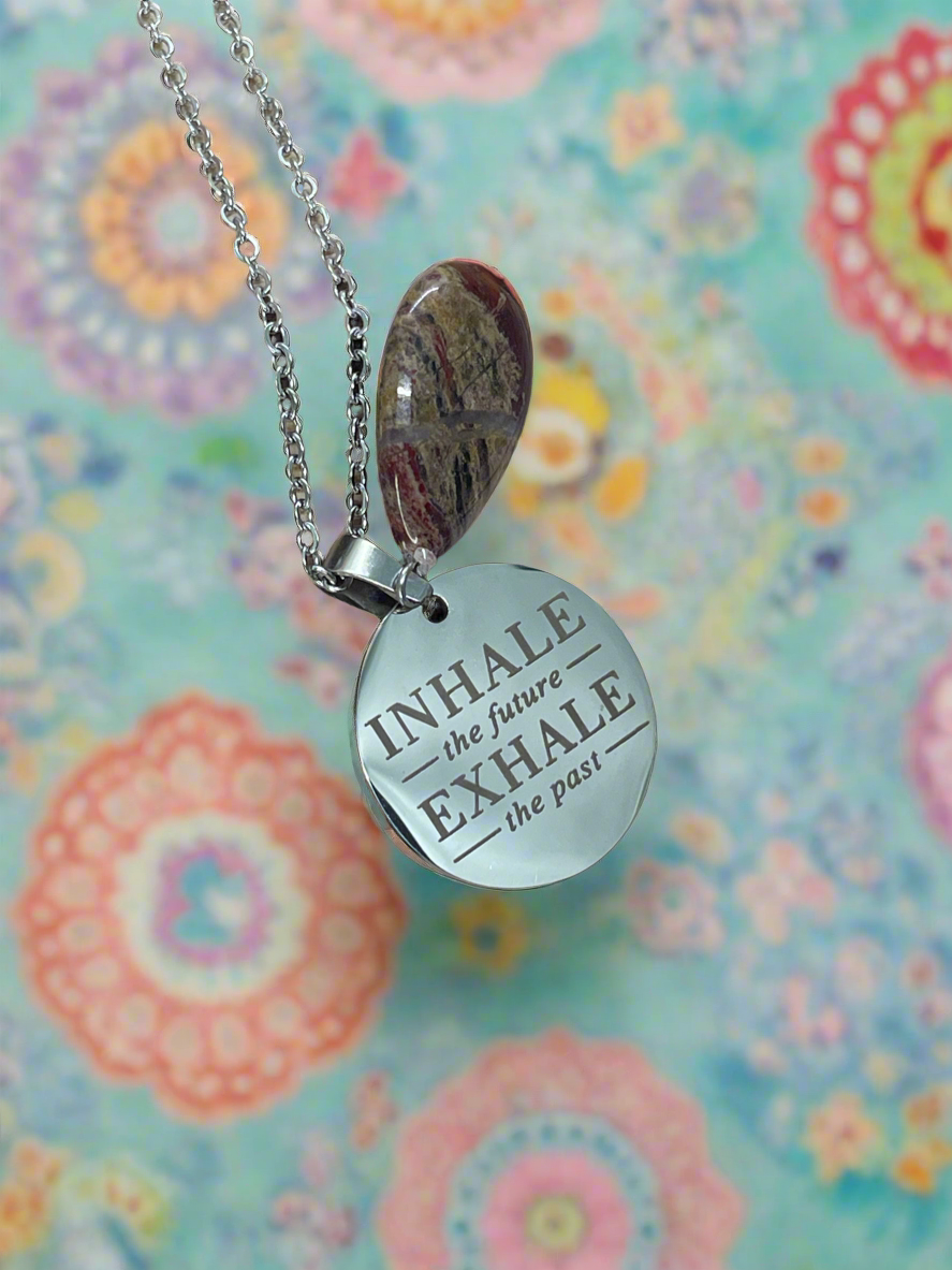 Wood Jasper Teardrop Pendant Dog Tag Necklace - “Inhale the future exhale the past”