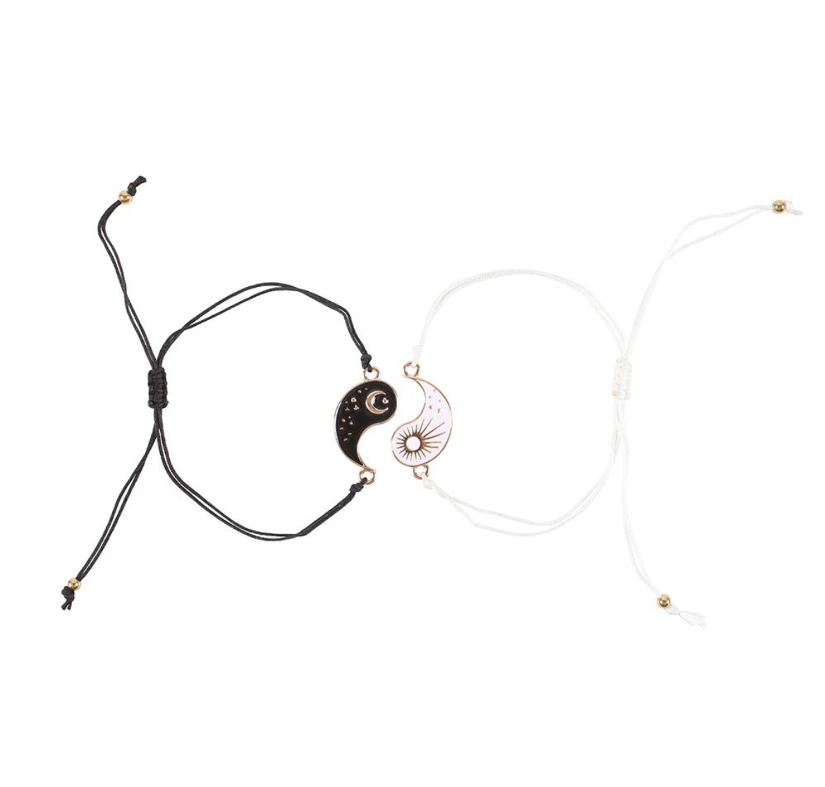 Charming Yin and Yang friendship bracelets featuring a unique split design with a sun and moon charm, symbolizing the beauty of balance in relationships. Crafted from durable stainless steel, these adjustable bracelets are perfect for friendship jewelry and meaningful gifts for friends.