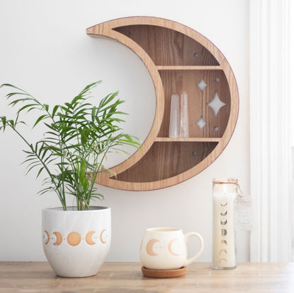 Wooden Crescent Moon Wall Shelf - Perfect for Crystals Oils and Treasures!