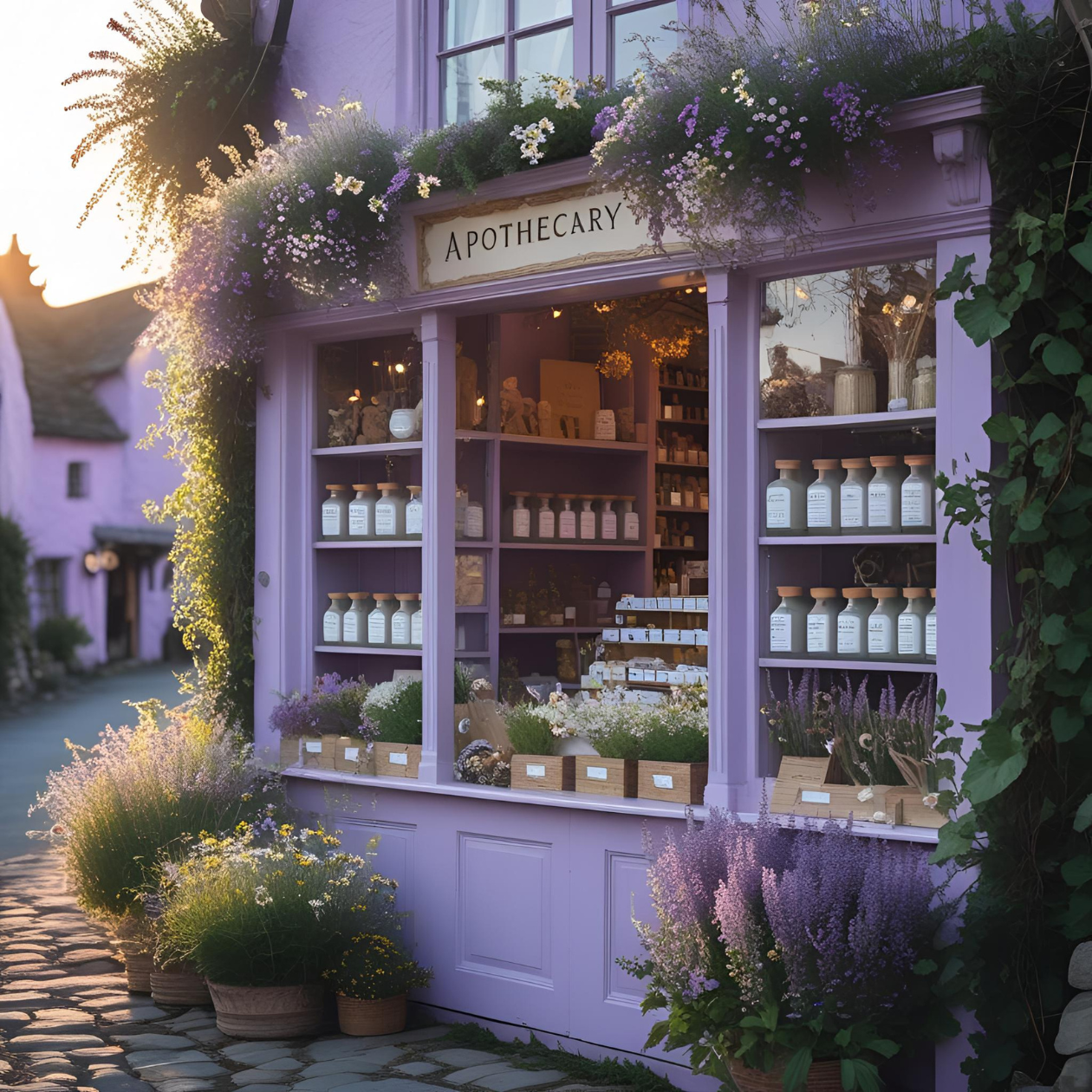 image of an apothecary shop with essential oils, herbal remedies, and healing crystals