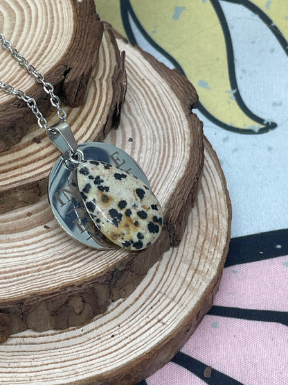 Dalmatian Jasper Teardrop Pendant Dog Tag Necklace - “inhale the future, exhale the past”.