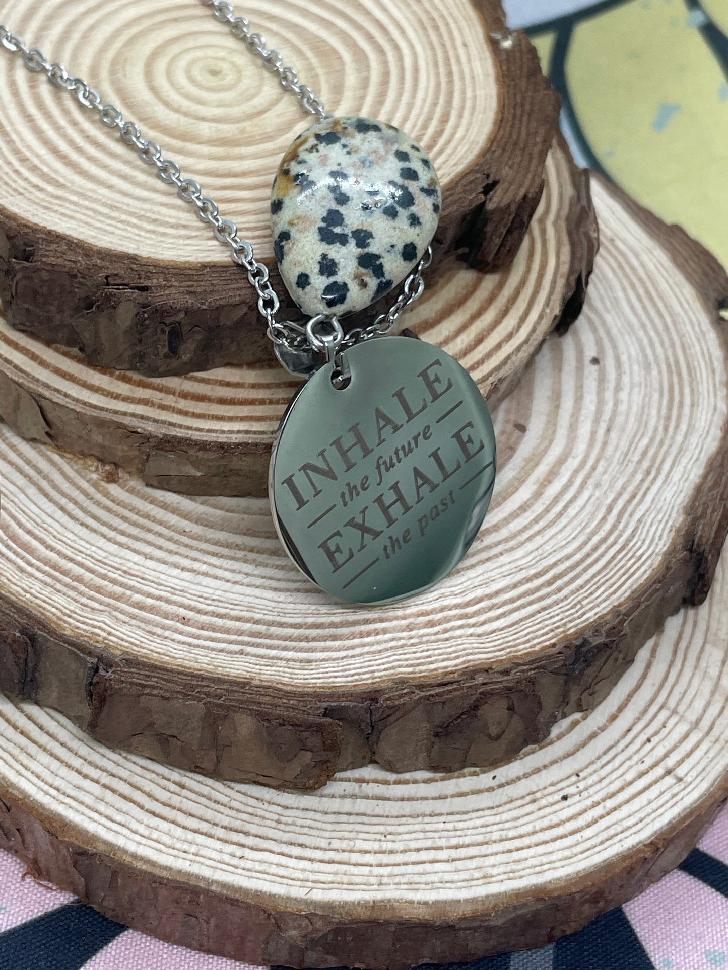 Dalmatian Jasper Teardrop Pendant Dog Tag Necklace - “inhale the future, exhale the past”.