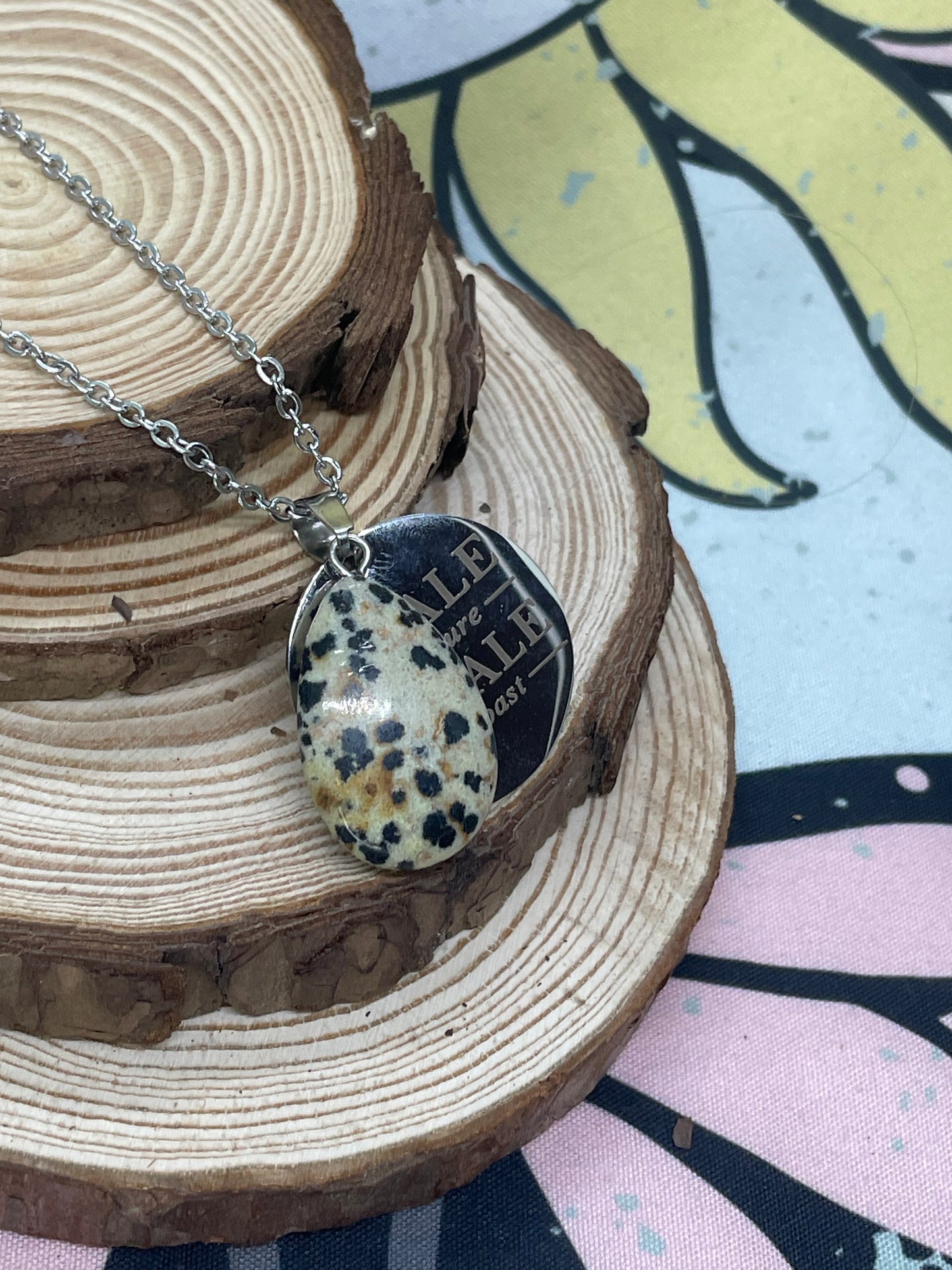 Dalmatian Jasper Teardrop Pendant Dog Tag Necklace - “inhale the future, exhale the past”.