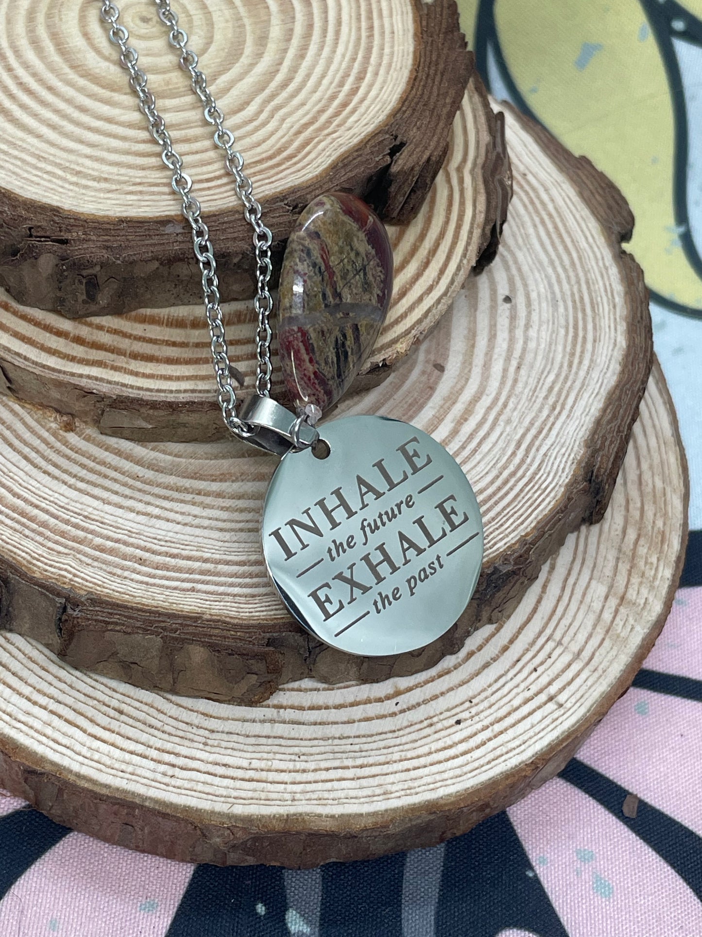 Wood Jasper Teardrop Pendant Dog Tag Necklace - “Inhale the future exhale the past”