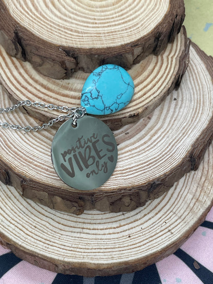 Blue Howlite Teardrop “Positive Vibes” Dogtag Necklace