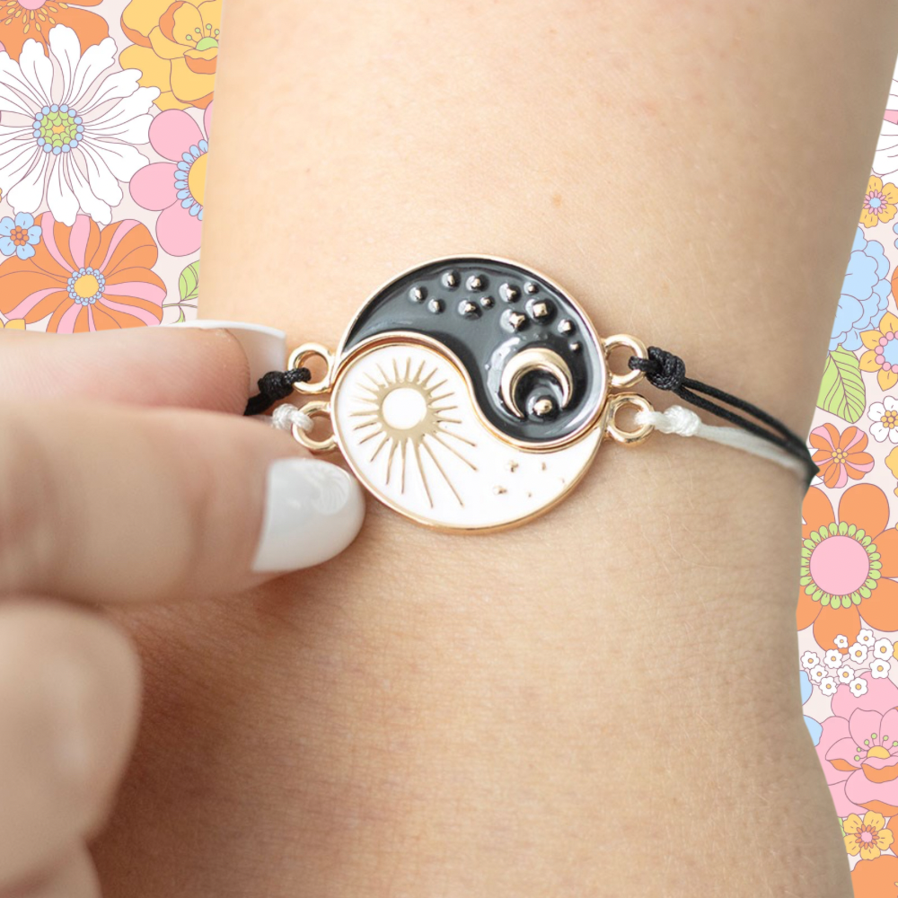 Beautiful Yin and Yang friendship bracelets designed with sun and moon charms, representing harmony and balance. These adjustable stainless steel bracelets make ideal best friend gifts and symbolic friendship jewelry, celebrating the unique bond between friends.