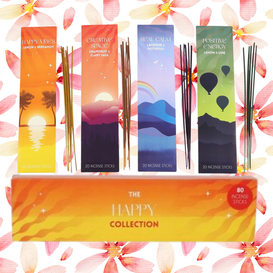 Happy Collection Incense Sticks set featuring four uplifting scents: Happy Vibes Lemon & Bergamot, Creative Space Grapefruit & Clary Sage, Positive Energy Lemon & Lime, and Real Calm Lavender & Patchouli