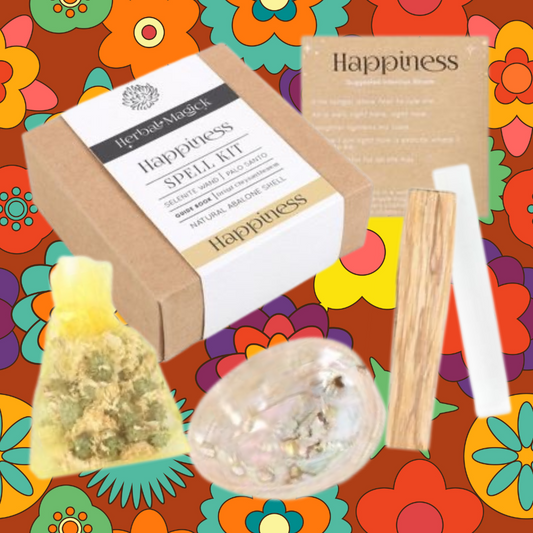 Happiness Ritual Kit featuring a selenite wand, Palo Santo, and dried sunflowers, designed to promote positive energy and clear negative energies