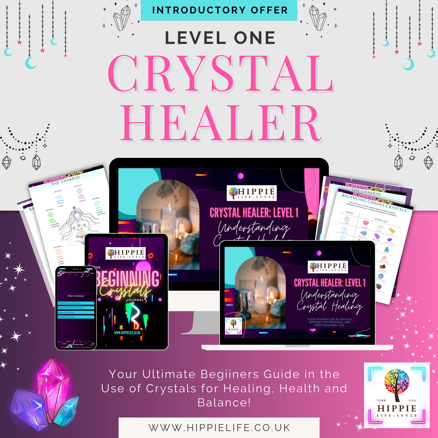 Hippie life UK, the crystal, spiritual and natural holistic health gift shop presents HIPPIE Crystal Healer Level 1 Interactive Online Course and Workbook Journal!, , HIPPIE Life UK, , , , , .