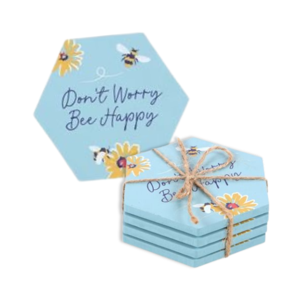 "Don't Worry Bee Happy" Coaster Set: A Touch of Cheer for Your Home