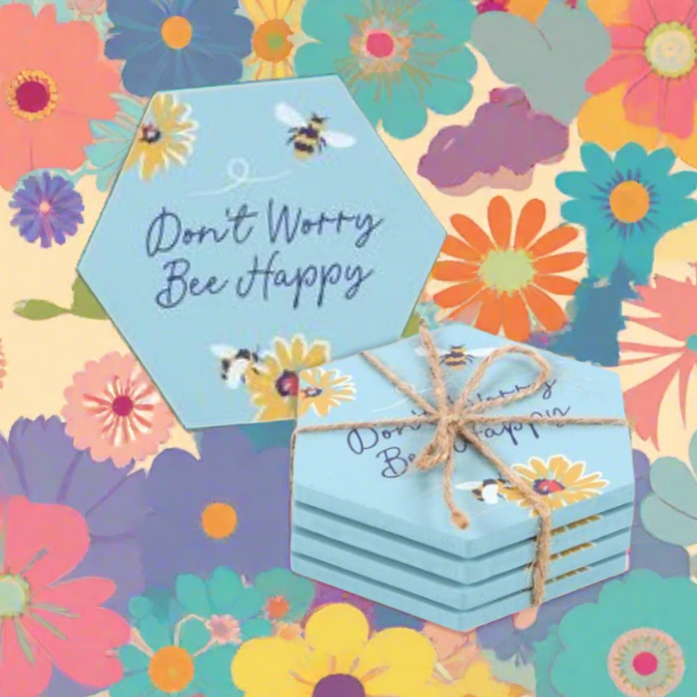 "Don't Worry Bee Happy" Coaster Set: A Touch of Cheer for Your Home