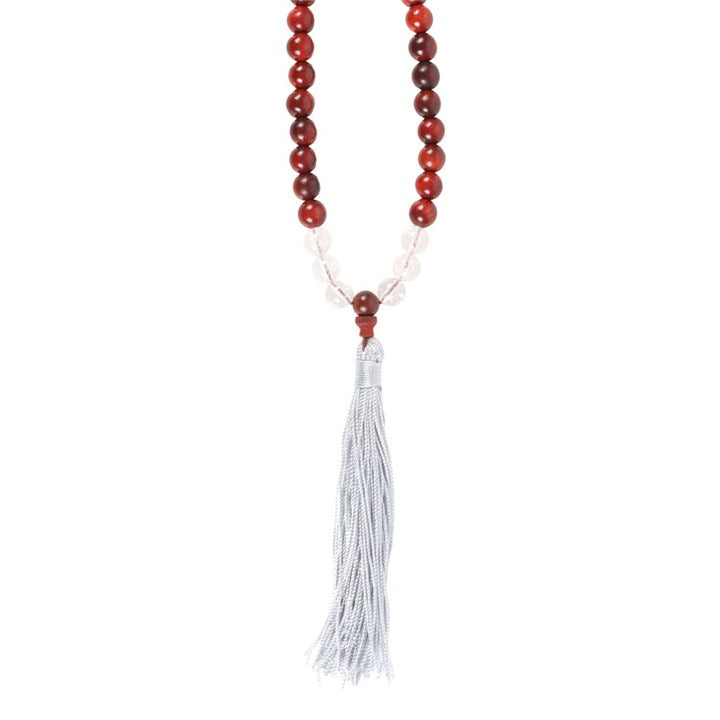 Stress Less Rosewood & Clear Quartz Mallah Necklace - 108 Beads for Mindfulness &amp; Serenity