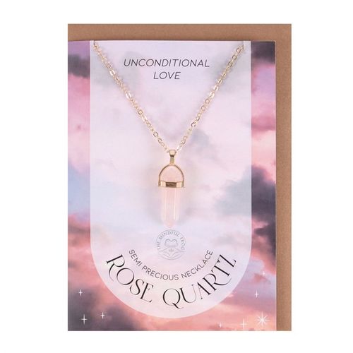 Elegant rose quartz necklace card featuring a gold-tone crystal necklace and thoughtful greeting card. A perfect semi-precious stone gift and rose quartz gift idea from the UK for holistic and spiritual healing.