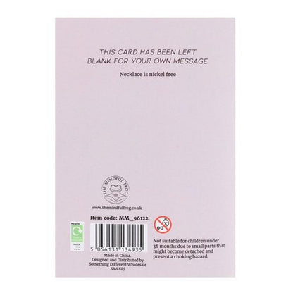 Greeting card with jewellery – rose quartz necklace on a stylish card. Ideal UK healing crystals gift; a nickel-free jewellery UK option combining spiritual and thoughtful gifting.