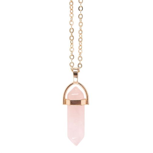 Crystal necklace UK design – rose quartz on a gold-tone card. A mindful and thoughtful card with necklace, perfect as a spiritual, semi-precious stone gift from a UK holistic brand.