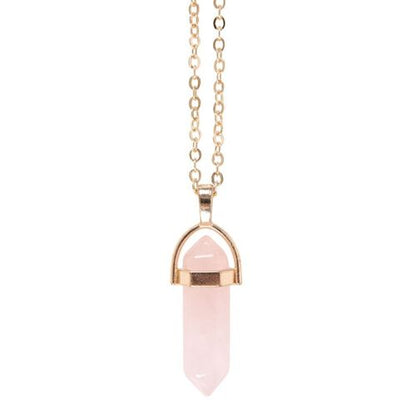 Crystal necklace UK design – rose quartz on a gold-tone card. A mindful and thoughtful card with necklace, perfect as a spiritual, semi-precious stone gift from a UK holistic brand.