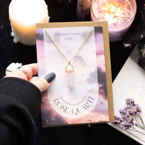 Rose quartz necklace card with gold-tone, nickel-free chain. A healing crystal gift combining a greeting card with jewellery, perfect for spiritual, holistic occasions and heartfelt UK gifting.
