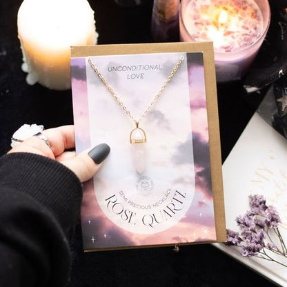 Rose quartz necklace card with gold-tone, nickel-free chain. A healing crystal gift combining a greeting card with jewellery, perfect for spiritual, holistic occasions and heartfelt UK gifting.