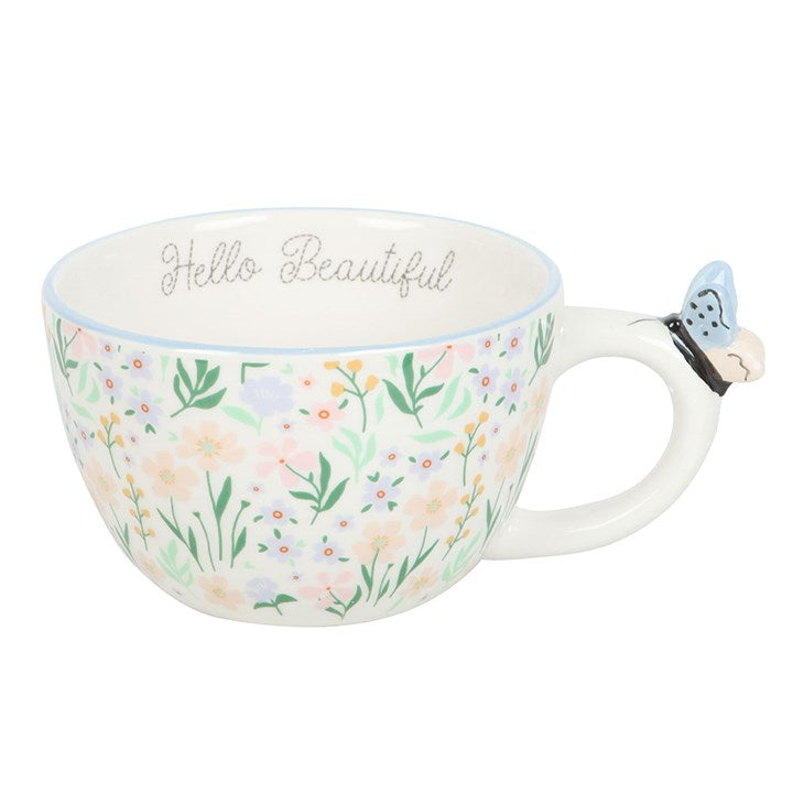 Hello Beautiful Ditsy Floral Print Mug with Butterfly - Start the Day on a Positive Note.