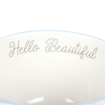 Hello Beautiful Ditsy Floral Print Mug with Butterfly - Start the Day on a Positive Note.