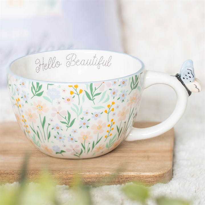 Hello Beautiful Ditsy Floral Print Mug with Butterfly - Start the Day on a Positive Note.