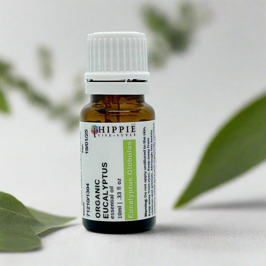 Organic Eucalyptus Globulus essential oil in a professional therapy room.