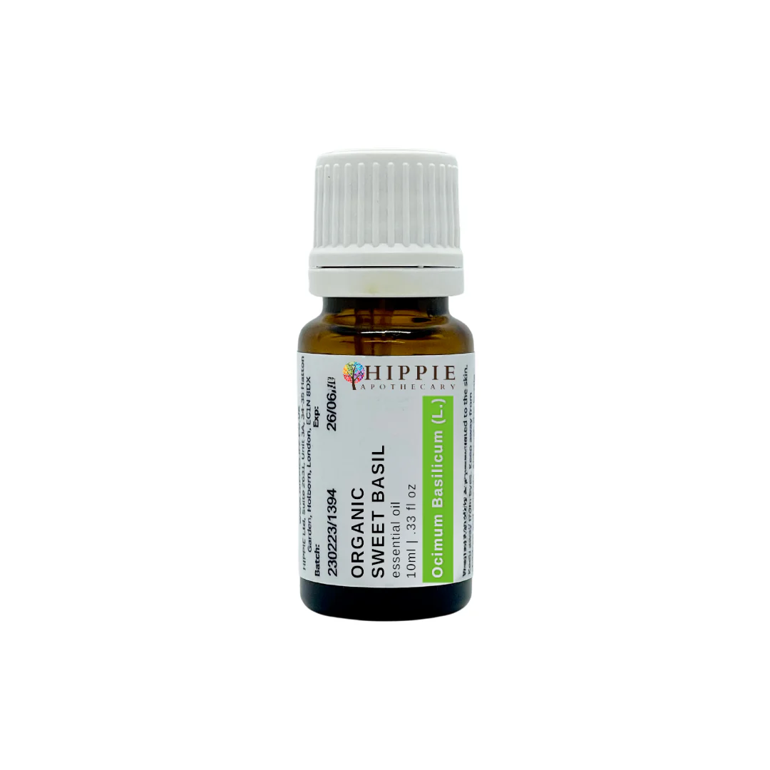 organic pure uk essential oil bottle in sweet basil.