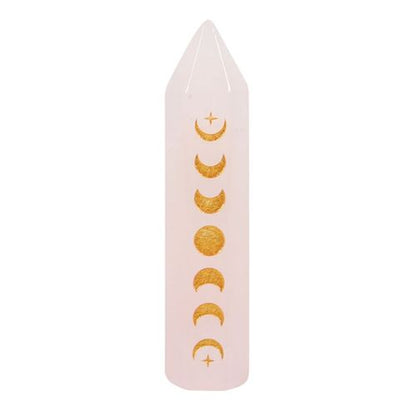 Engraved 5cm Rose Quartz Crystal Point – Gold Moon Phase Design and Travel Pouch