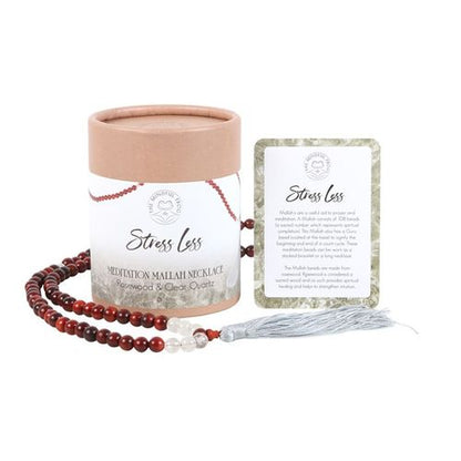 Stress Less Rosewood & Clear Quartz Mallah Necklace - 108 Beads for Mindfulness &amp; Serenity