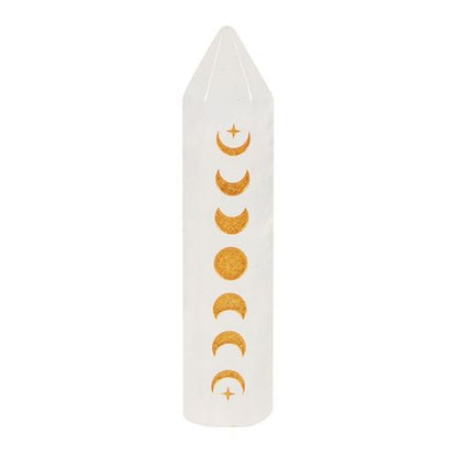 Clear Quartz 5cm Crystal Point with Gold Moon Phase Engraving – Energy Amplifier and Spiritual Protector