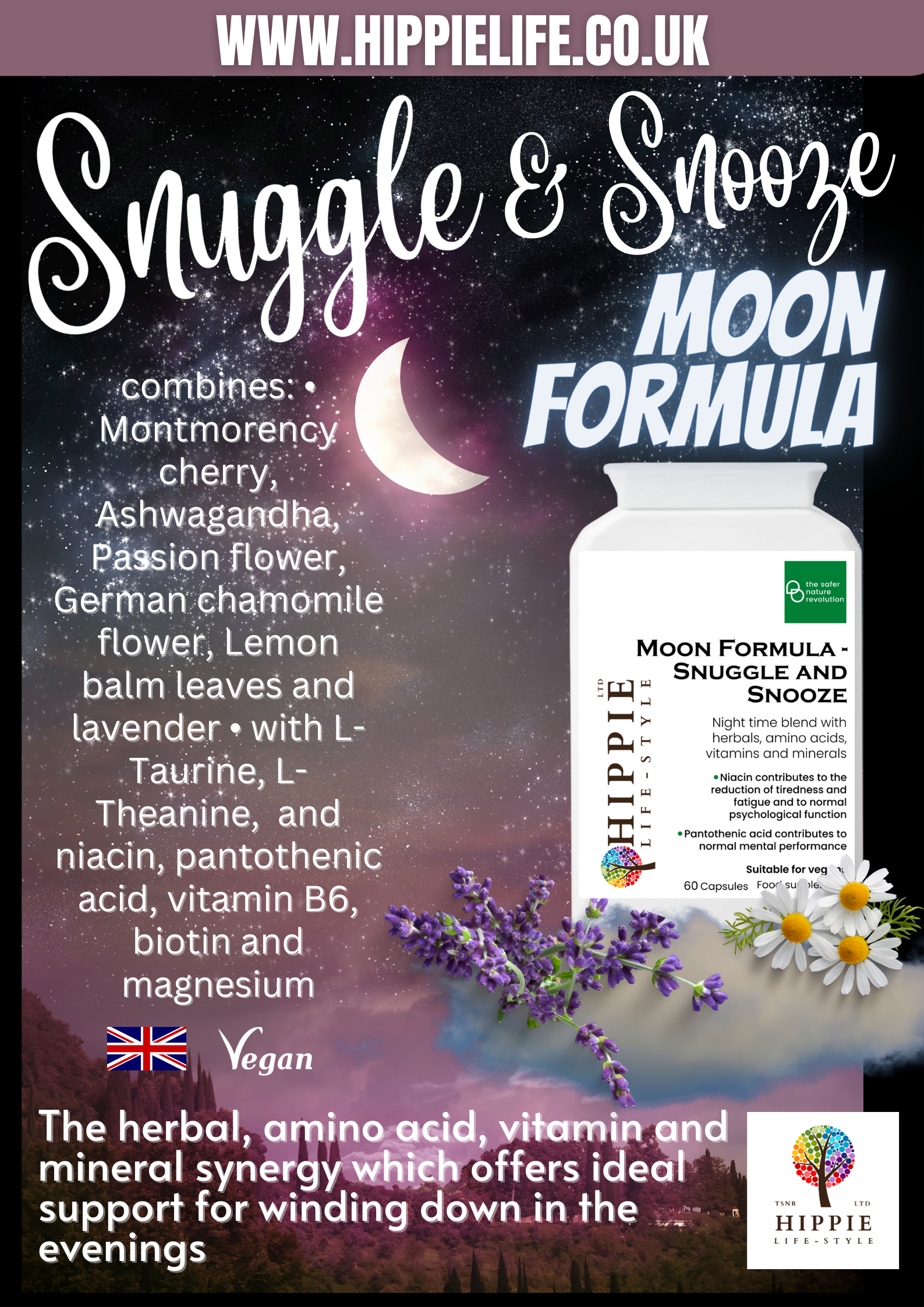 Poster advert for night time blend, herbal sleep support, ashwagandha, Montmorency tart cherry, relaxing amino acids, vitamins and minerals, fatigue reduction, immune system support, mental performance, vegan-friendly, Kosher approved, Halal approved.